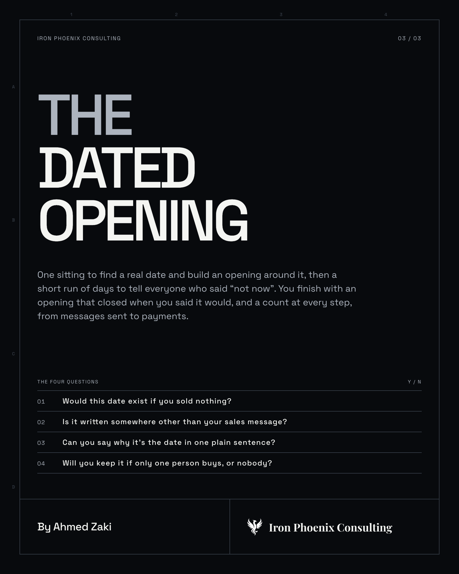 Cover of The Dated Opening, a guide by Ahmed Zaki for Iron Phoenix Consulting